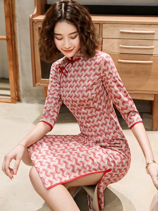 Micro Suede Red Striped Midi Qipao / Cheongsam Dress