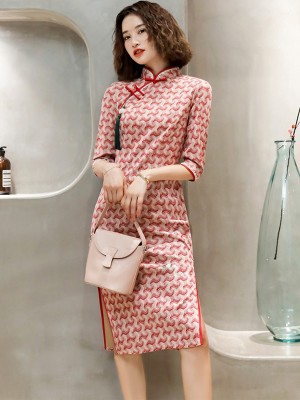 Micro Suede Red Striped Midi Qipao / Cheongsam Dress