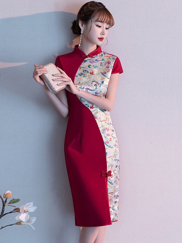 Colorblock Short Qipao / Wedding Cheongsam Dress with Front Slit Colorblock Short Qipao / Wedding Cheongsam Dress with Front Slit