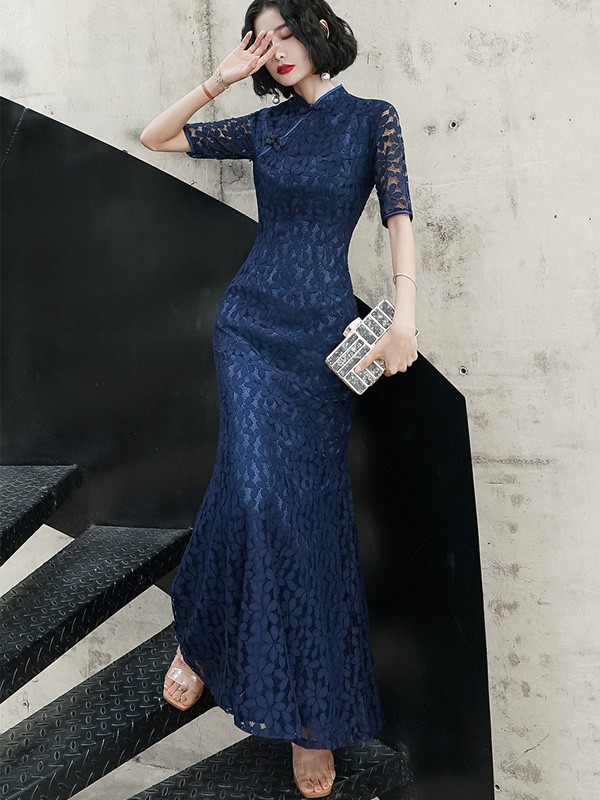Navy Blue Lace Mermaid Long Qipao / Cheongsam Dress