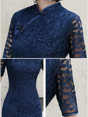 Navy Blue Lace Mermaid Long Qipao / Cheongsam Dress