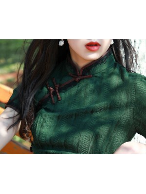 Green Linen Mid Cheongsam / Qipao Dress