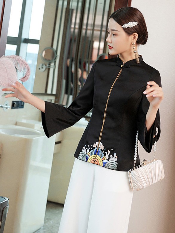 Black Embroidered Women Qipao Tang Jacket