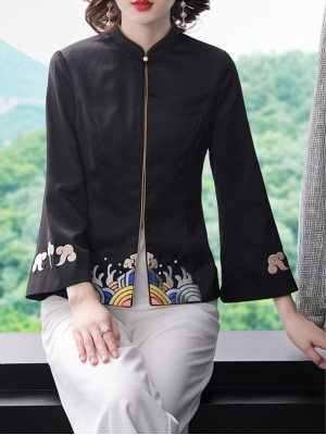 Black Embroidered Women Qipao Tang Jacket