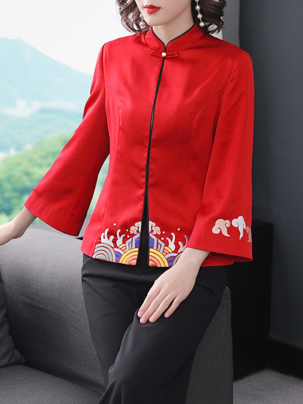 Red Embroidered Women Qipao Tang Jacket