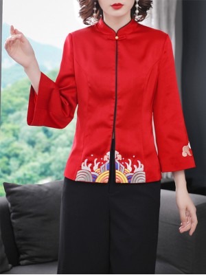 Red Embroidered Women Qipao Tang Jacket