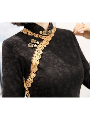 Black Lace Trim Half Sleeve Mid Cheongsam / Qipao Dress