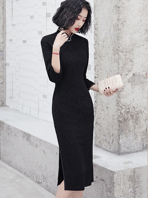 Pearl Black Winter Mid Winter Cheongsam / Qipao Dress