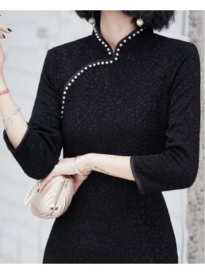 Pearl Black Winter Mid Winter Cheongsam / Qipao Dress