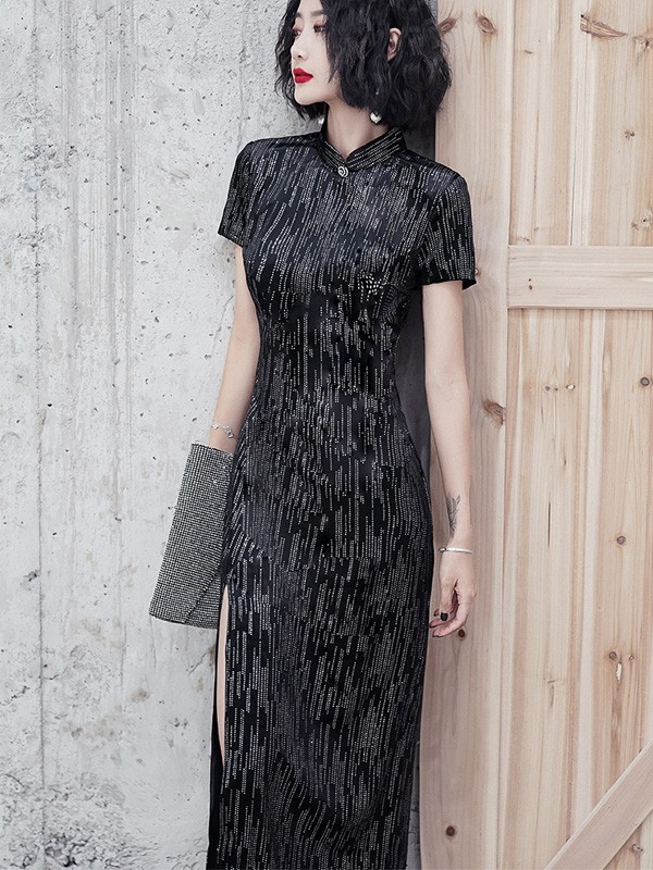Shimmering Striped Black Long Cheongsam / Qipao Winter Dress