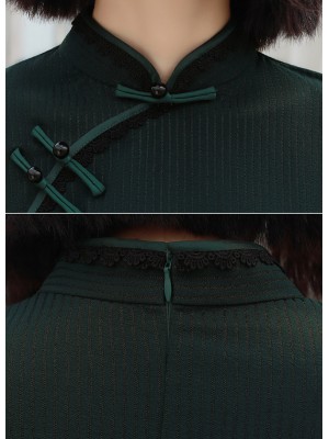 Green Stretchy Winter Cheongsam / Mid Qipao Dress