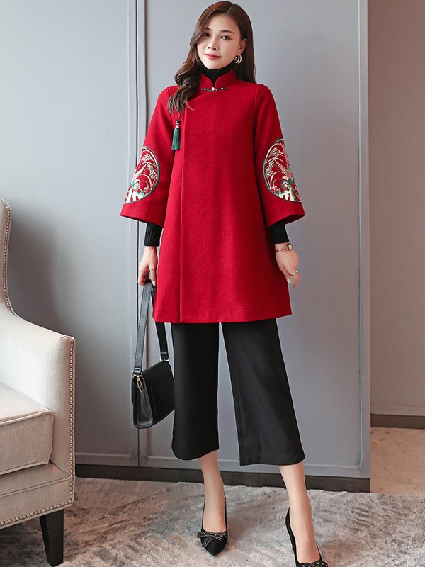Red Embroidered Wool Blend Women Chinese Tang Coat