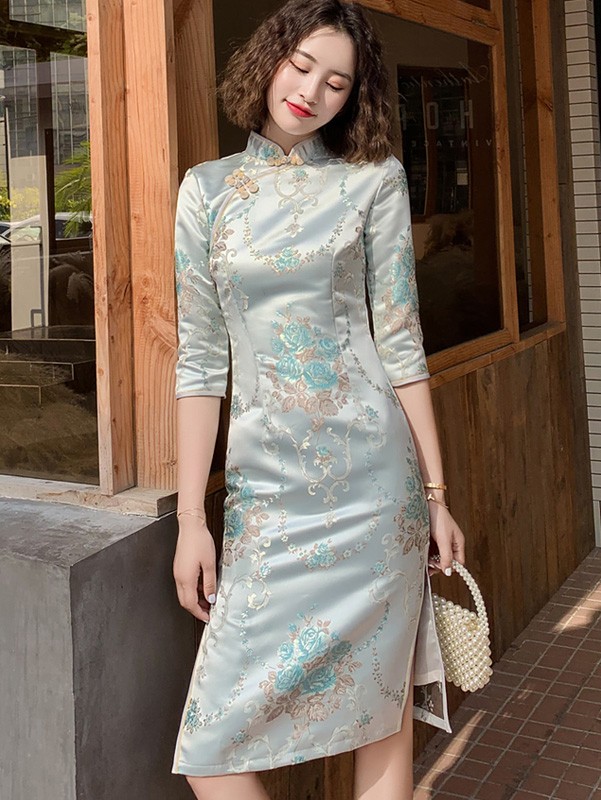 Woven Floral Winter Mid Winter Cheongsam  Qipao Dress 