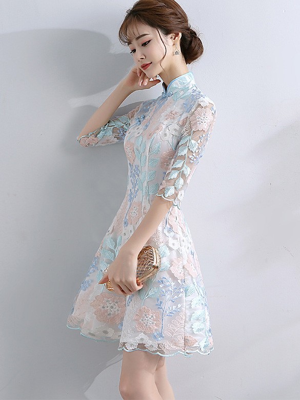 Embroidered Overlay A-Line Qipao / Cheongsam Party Dress