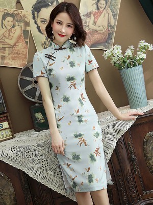 Green Floral Midi Qipao / Cheongsam Party Dress