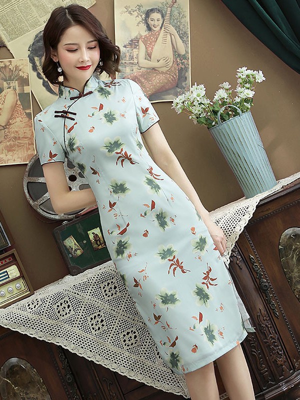Green Floral Midi Qipao / Cheongsam Party Dress