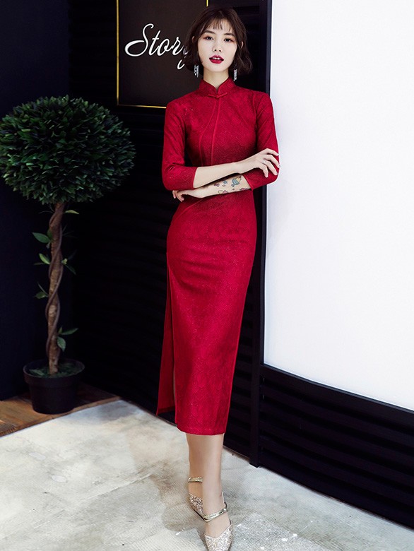 Wine Red Lace Long Sleeve Qipao / Wedding Cheongsam Dress