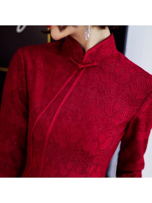 Wine Red Lace Long Sleeve Qipao / Wedding Cheongsam Dress