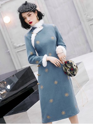 Blue Embroidered Wool Blend Qipao / Winter Cheongsam Dress
