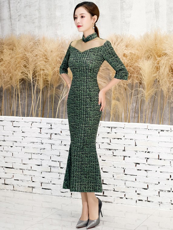 Green Grid Velvet Fishtail Qipao / Cheongsam Dress