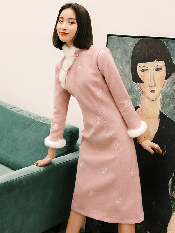 Pink Embroidered Wool Blend Qipao / Winter Cheongsam Dress