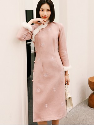 Pink Embroidered Wool Blend Qipao / Winter Cheongsam Dress