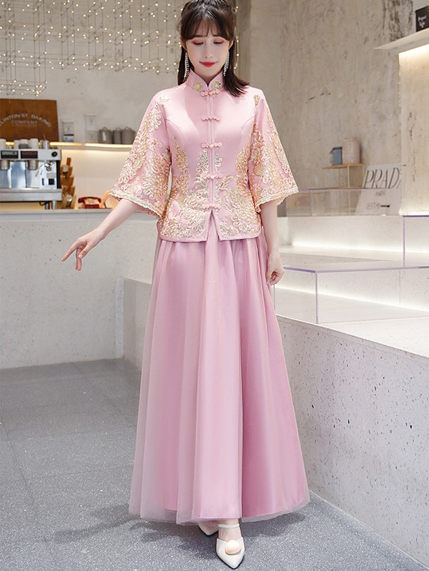 Pink Gray Bridesmaid Wedding Qun Kwa & Tulle Skirt