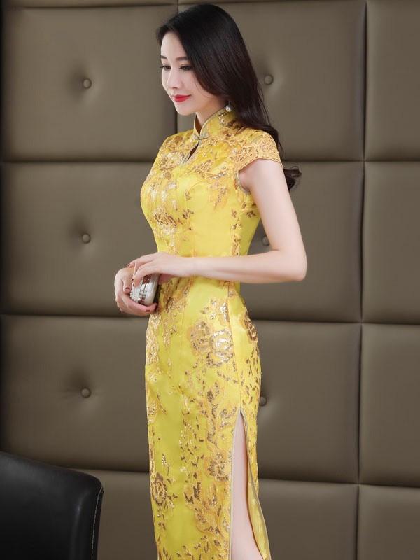 Gold Sequined Long Qipao / Cheongsam Wedding Dress