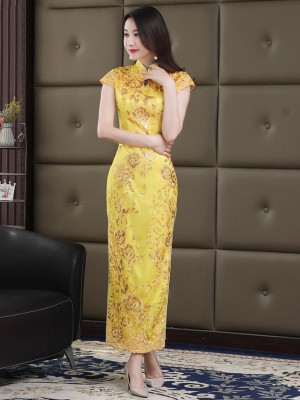 Gold Sequined Long Qipao / Cheongsam Wedding Dress