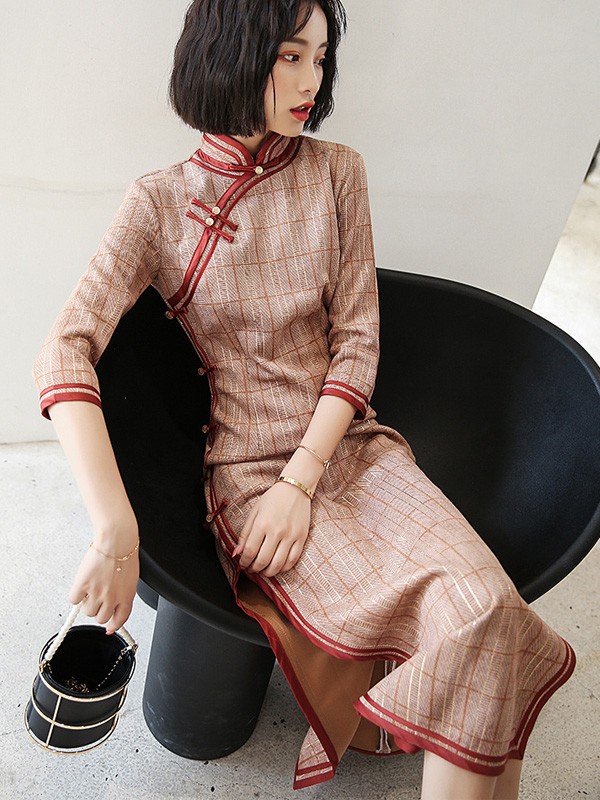 Pink Plaid Long Qipao / Winter Cheongsam Dress