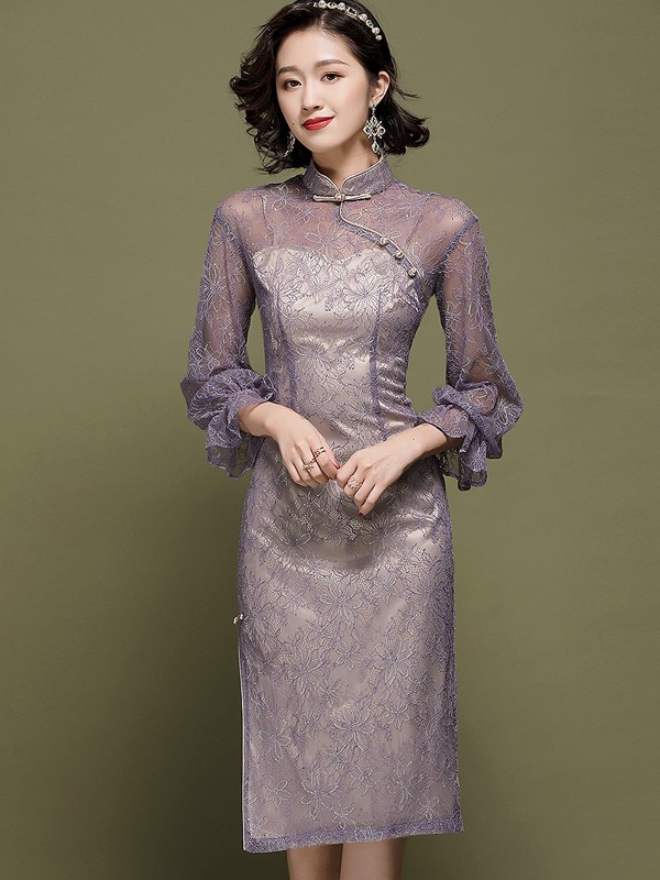Purple Illusion Lace Midi Qipao / Cheongsam Dress - CozyLadyWear
