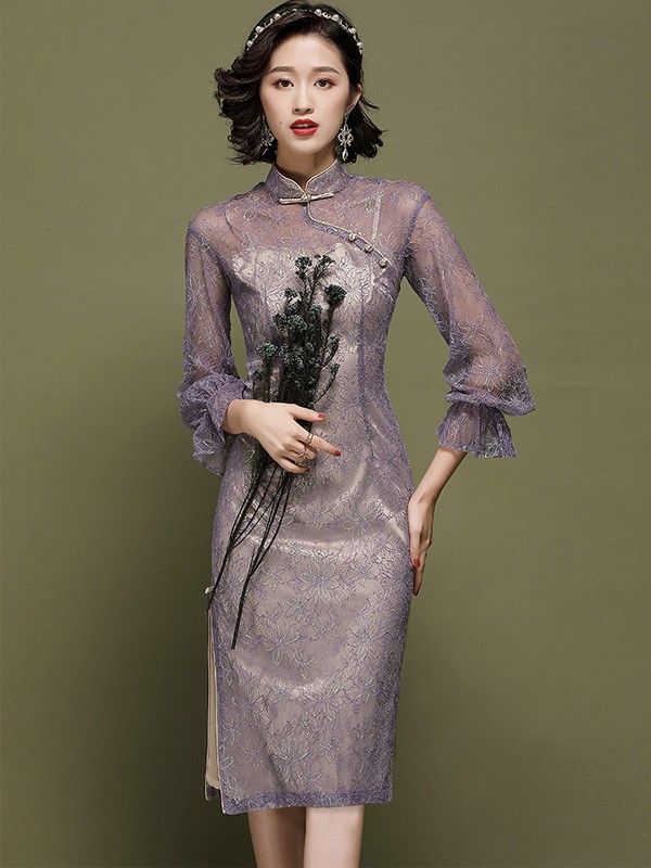 Purple Illusion Lace Midi Qipao / Cheongsam Dress