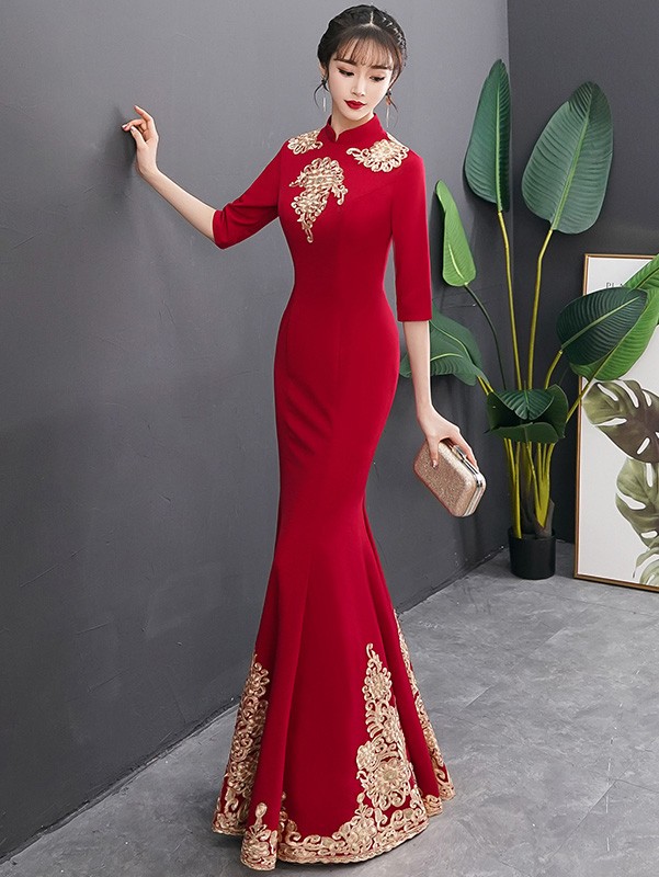 Gold Appliques Long Fishtail Qipao / Cheongsam Wedding Dress