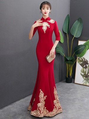 Gold Appliques Long Fishtail Qipao / Cheongsam Wedding Dress