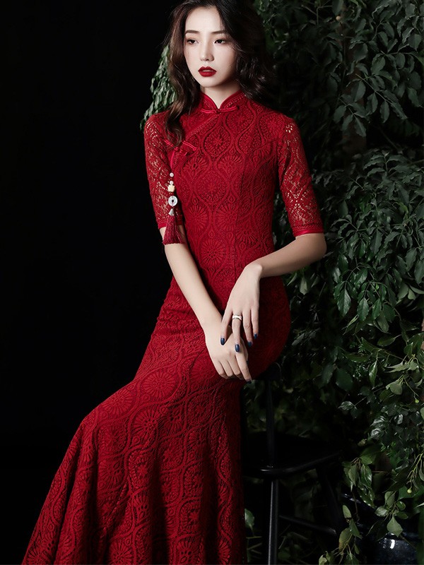 Wine Red Lace Mermaid Long Qipao / Wedding Cheongsam Dress