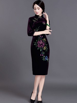 Velour Midi Qipao / Cheongsam Evening Dress with Half Sleeve