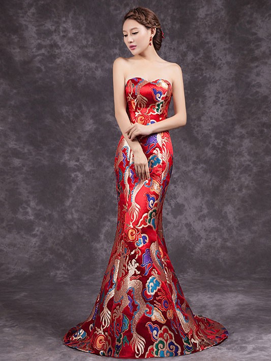 Red Mermaid Train Back Cheongsam Qipao Wedding Dress in Dragon Pattern