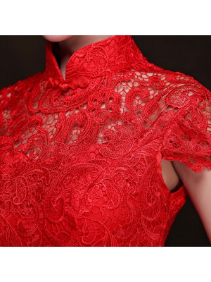 Red Lace Floor Length Mermaid Cheongsam / Qipao Wedding Dress