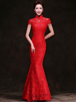 Red Lace Floor Length Mermaid Cheongsam / Qipao Wedding Dress