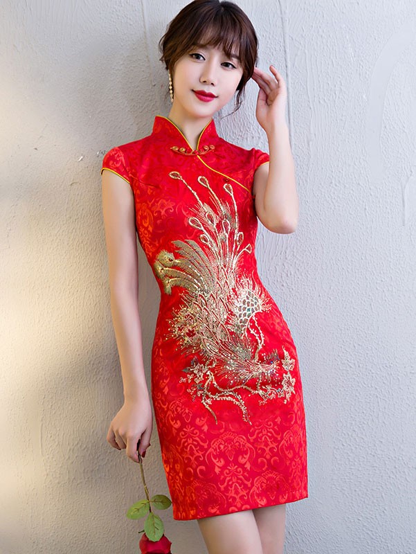 Red Short Phoenix Qipao Cheongsam Chinese Wedding Dress Cozyladywear