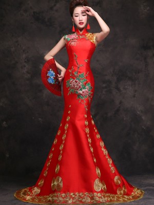 Red Embroidered Trumpet Mermaid Wedding Qipao / Cheongsam Dress