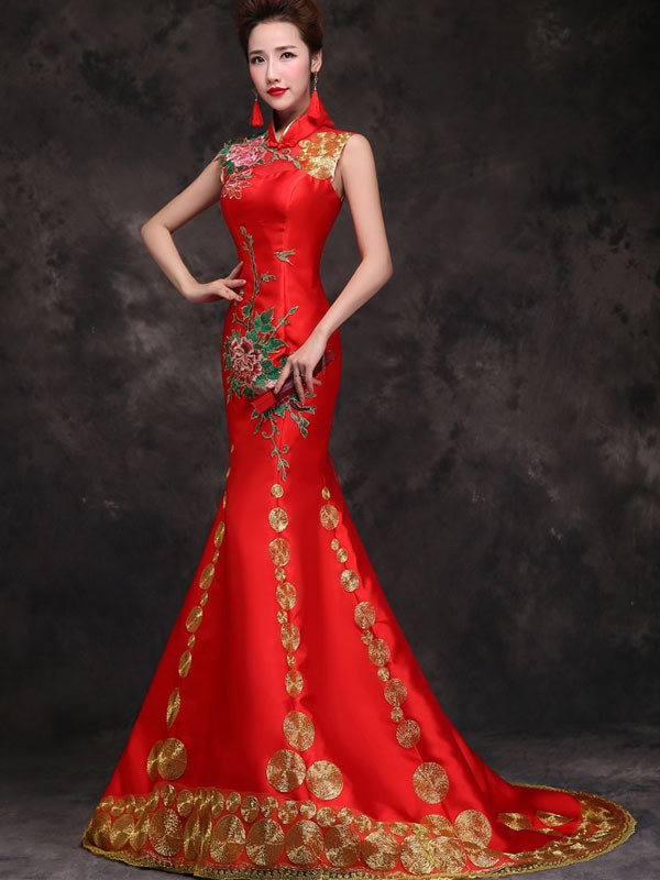 Red Embroidered Trumpet Mermaid Wedding Qipao / Cheongsam Dress