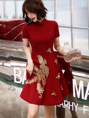 Embroidered Phoenix A-Line Qipao / Cheongsam Wedding Dress