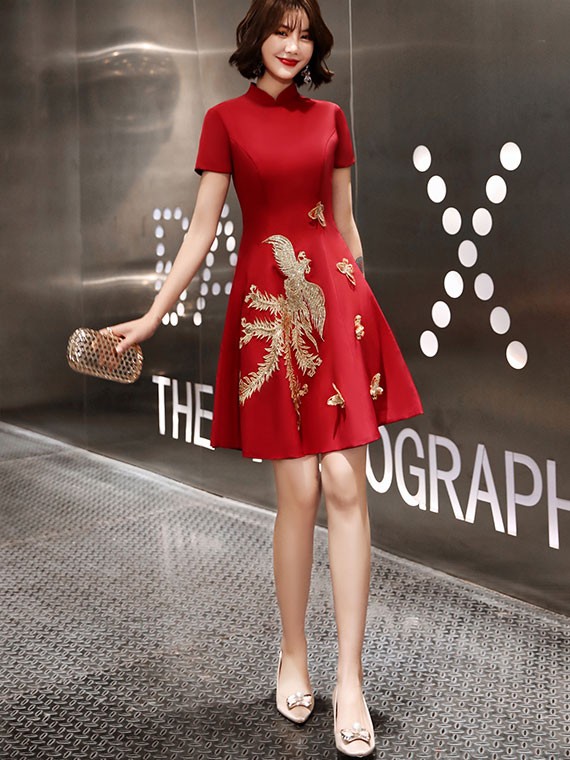 Embroidered Phoenix A-Line Qipao / Cheongsam Party Dress