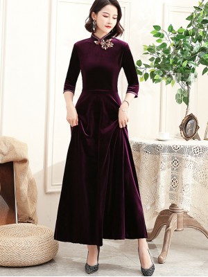 Half Sleeve Velvet A-Line Maxi Qipao / Cheongsam Dress