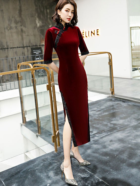 Half Sleeve Velvet Long Qipao / Cheongsam Dress