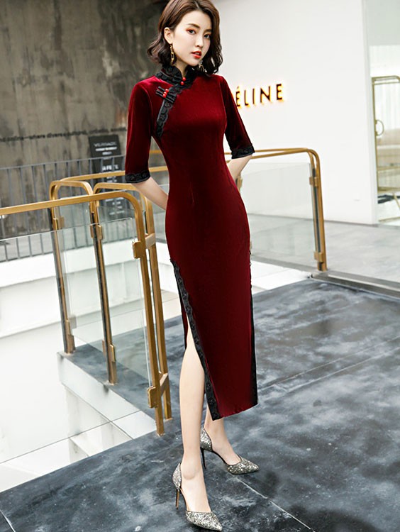 Half Sleeve Velvet Long Qipao / Cheongsam Dress