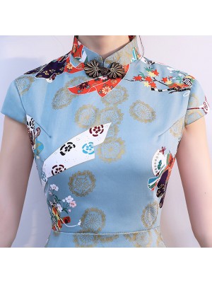 Blue Printed A-Line Qipao / Cheongsam Party Dress