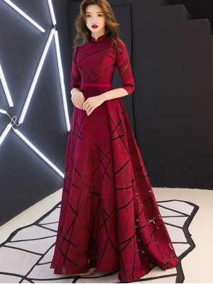 Wine Red A-Line Floor-length Qipao / Cheongsam Wedding Dress