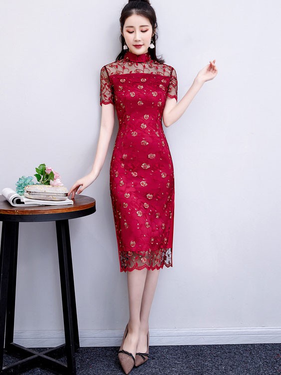Green Red Lace Midi Qipao / Cheongsam Party Dress
